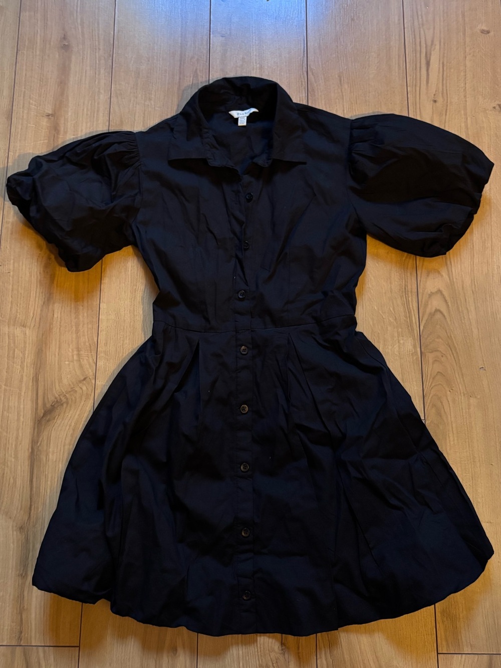 Black Button-Front Puff Sleeve Dress